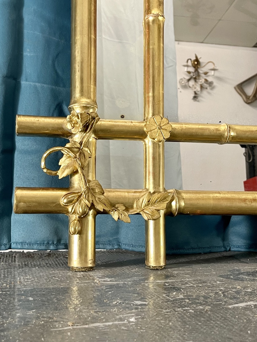 Grand Miroir bambou ancien XIX e 218x118 cm  en bois et stuc doré -photo-6