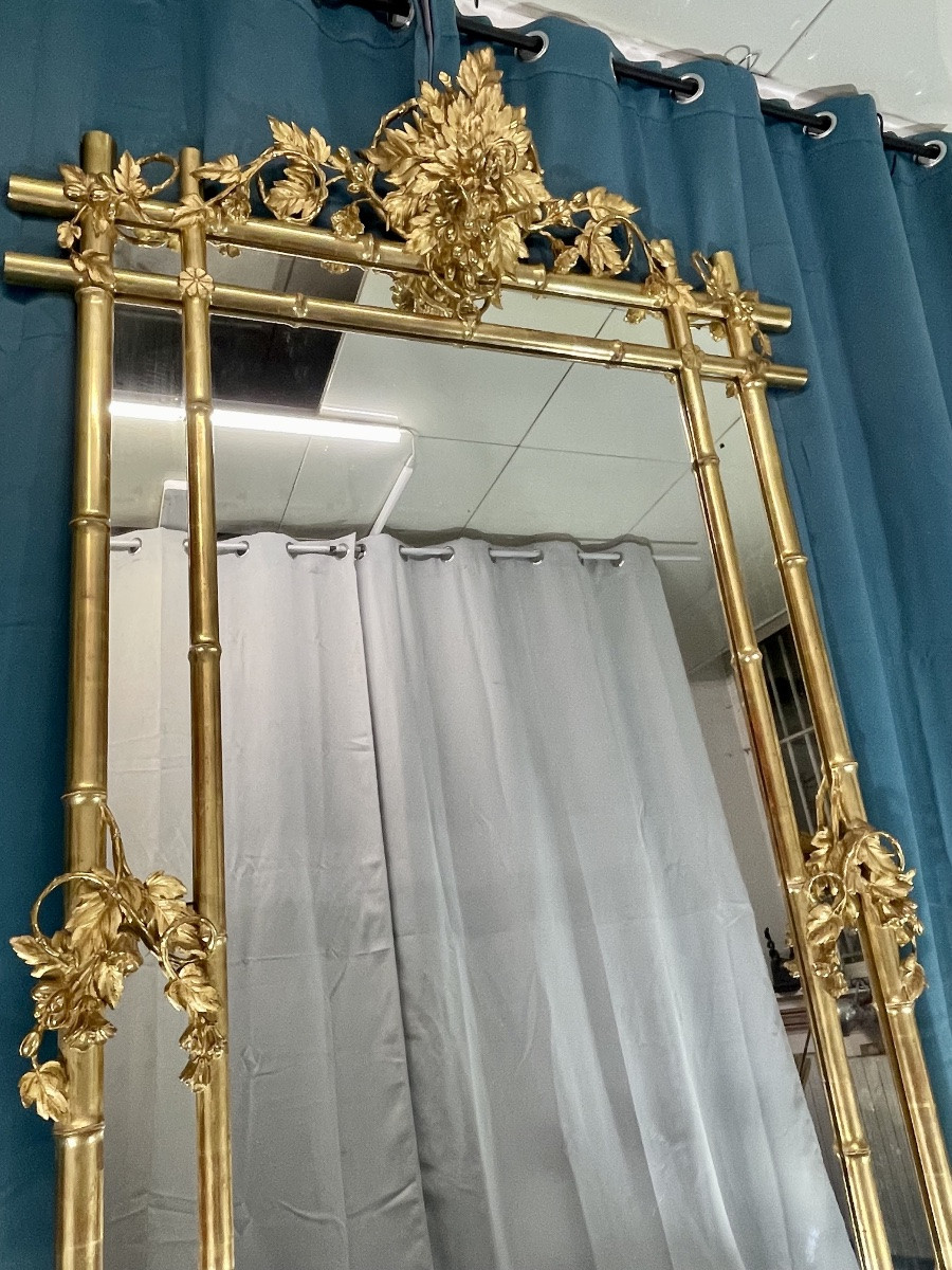 Grand Miroir bambou ancien XIX e 218x118 cm  en bois et stuc doré -photo-8