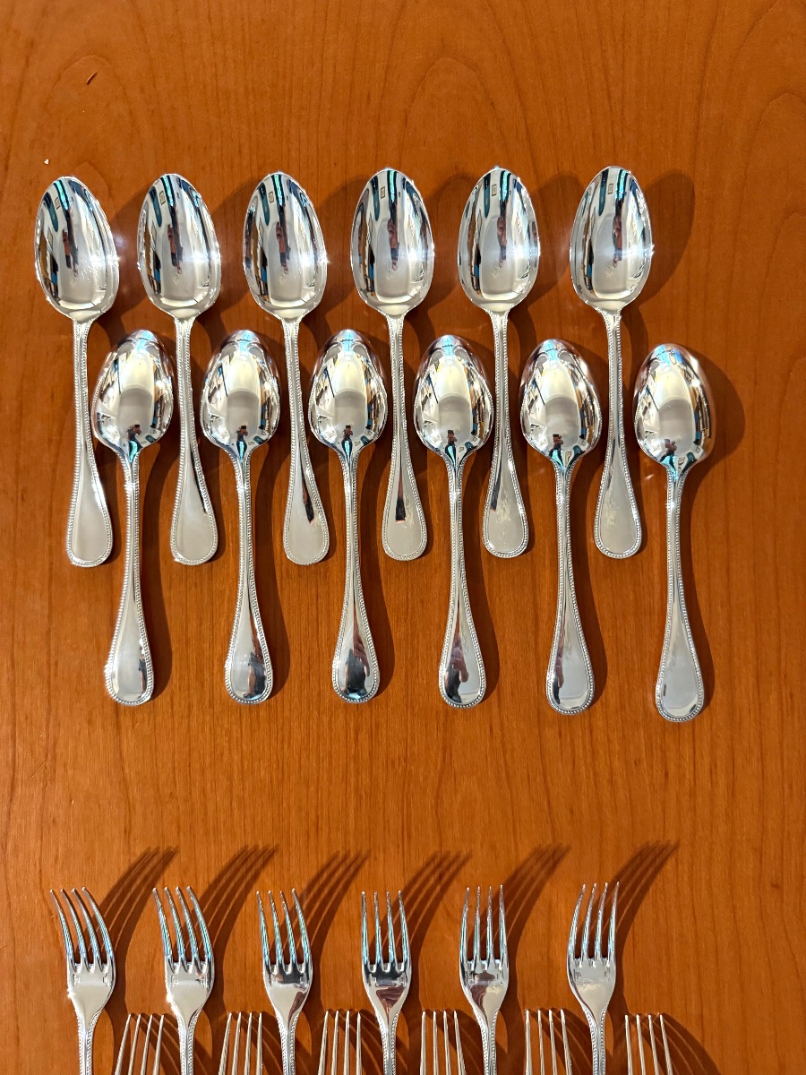 Christofle perles , 24 couverts à entremet , fourchettes et cuillères état neuf -photo-2