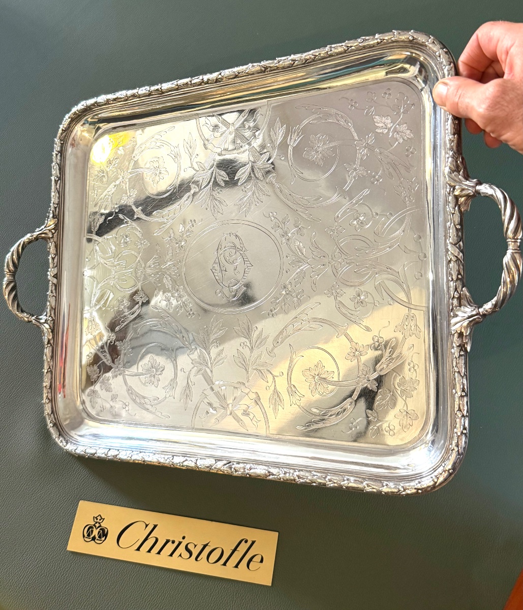 19th-century Christofle, Serving Tray With Guilloché Decoration -photo-4