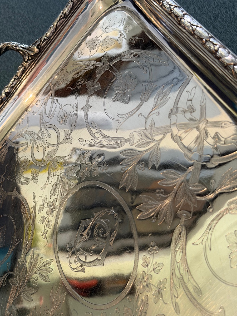 19th-century Christofle, Serving Tray With Guilloché Decoration -photo-3