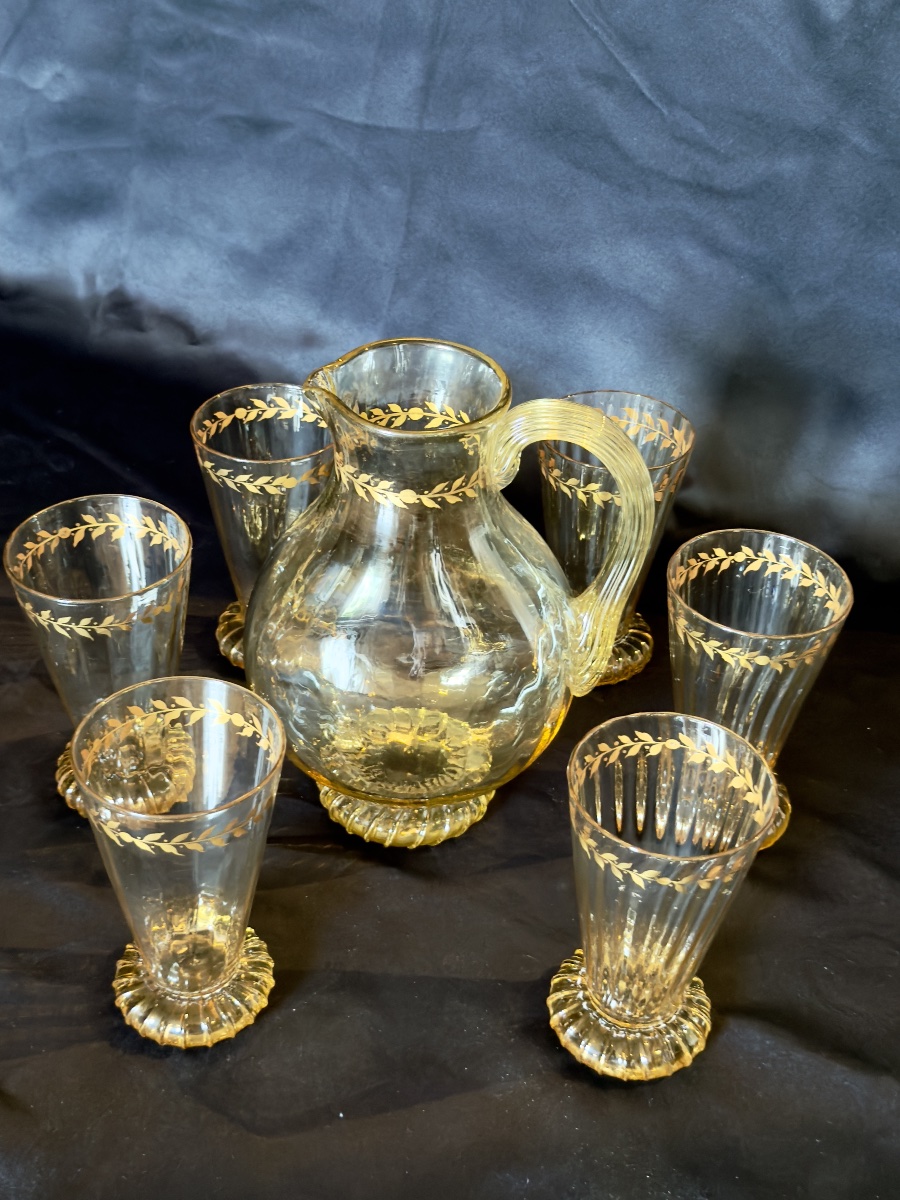 émile Gallé, Orangeade And Water Set. 6 Glasses, 1 Carafe -photo-2