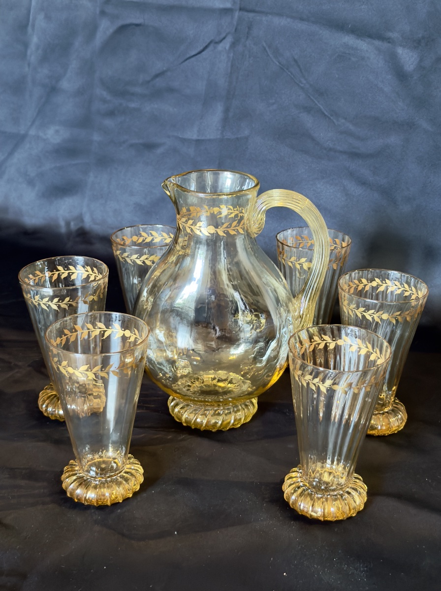 émile Gallé, Orangeade And Water Set. 6 Glasses, 1 Carafe -photo-1