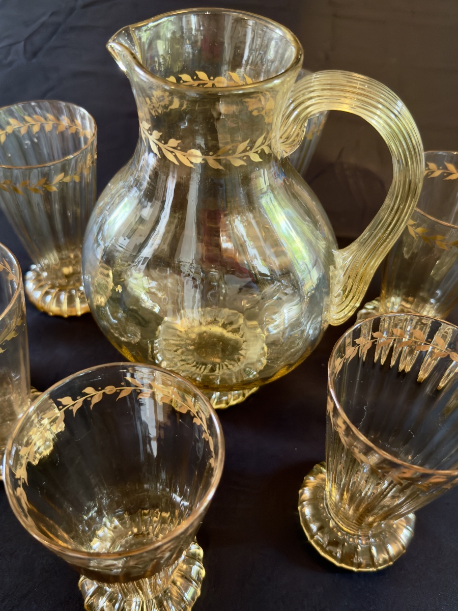 émile Gallé, Orangeade And Water Set. 6 Glasses, 1 Carafe -photo-5