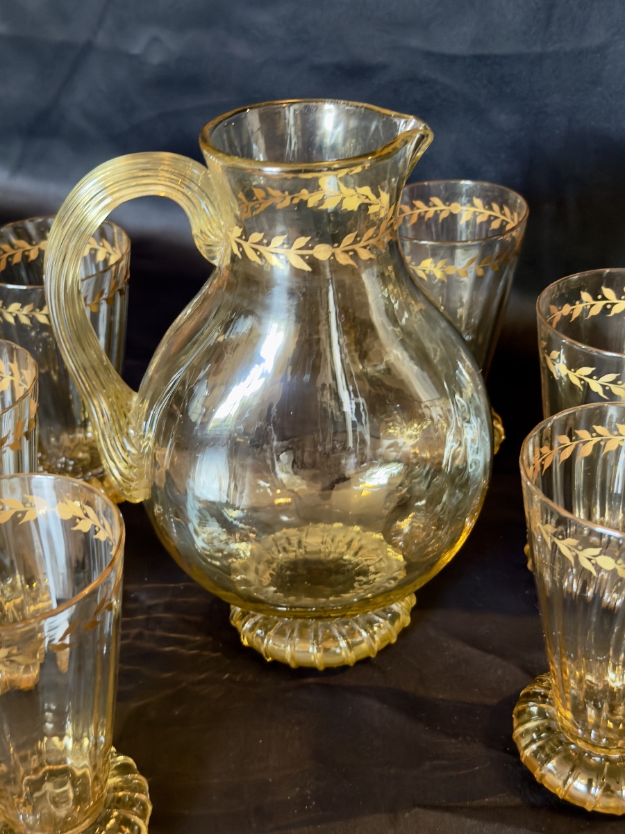émile Gallé, Orangeade And Water Set. 6 Glasses, 1 Carafe 