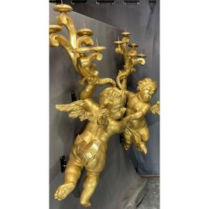 Exceptionnelle Paire De Grands Angelots En Bois Doré XVIII Eme (chérubins,putti,anges)