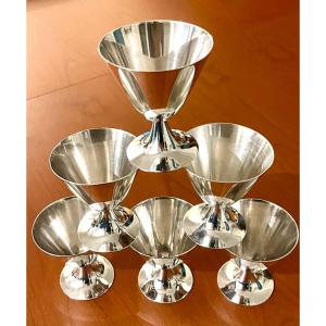 Christofle & Jean Charles Moreux, 6 Glasses, Cut In Silver Metal 1940