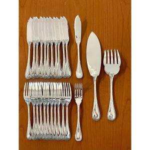 Christofle Malmaison, 12 Fish Place Settings With Serving Utensils, Excellent Condition 