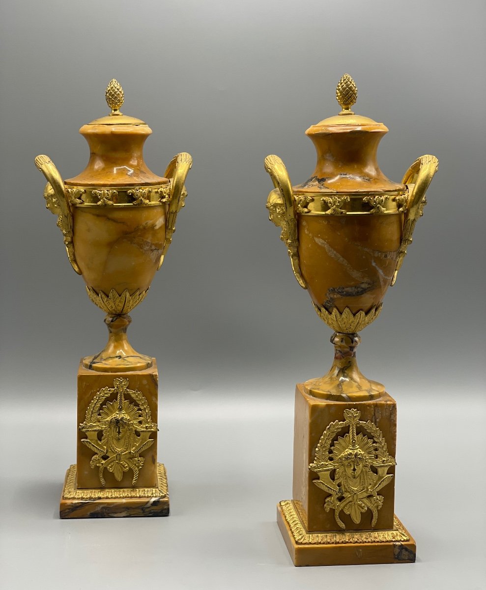 Pair Of Empire Period Cassolette Forming Candlesticks, Siena Marble-photo-2