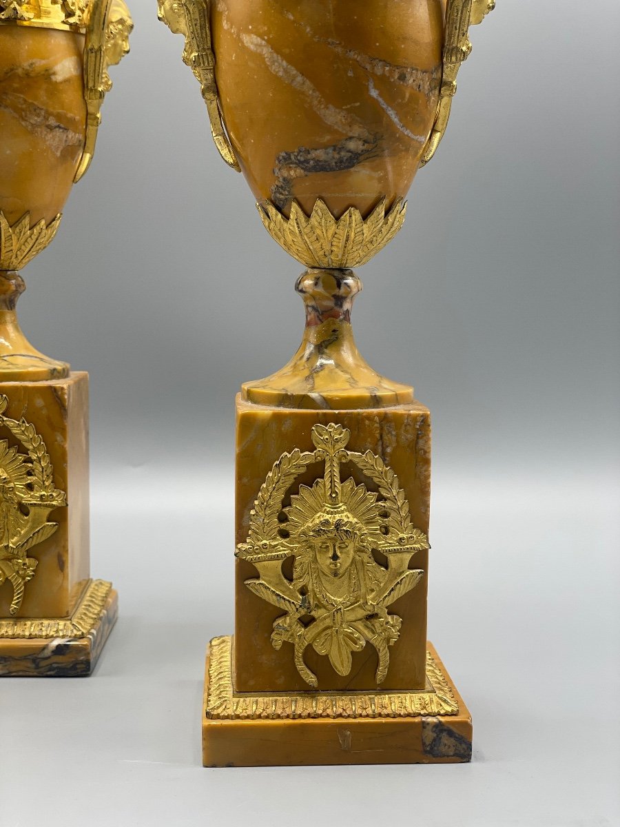 Pair Of Empire Period Cassolette Forming Candlesticks, Siena Marble-photo-3