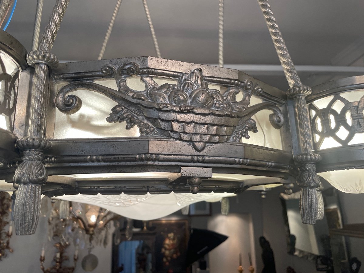 Lustre D’époque Art Déco En Bronze Argenté -photo-3