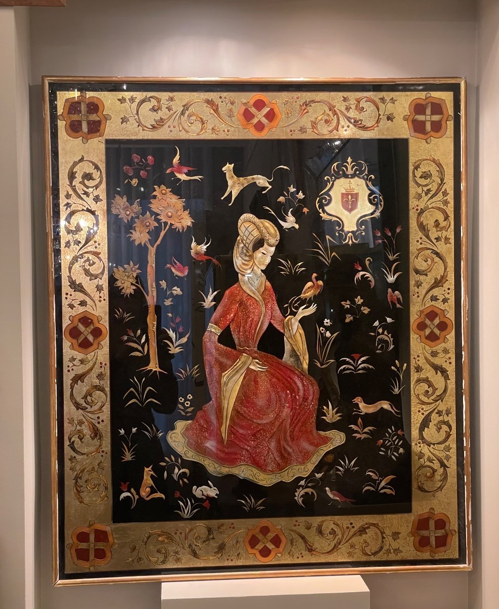 Panneau Décoratif De Style Neo Renaissance En Verre églomisé