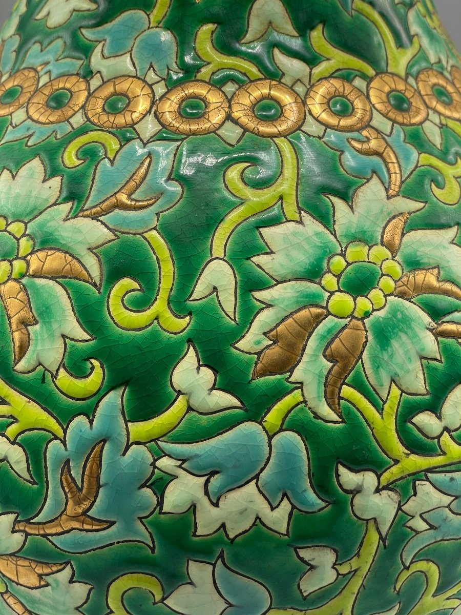 Enamelled Baluster Vase De Longwy France-photo-4
