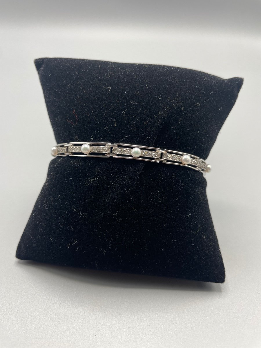 Bracelet Art Déco En Or Blanc Sertie De Perles Et De Diamants-photo-3