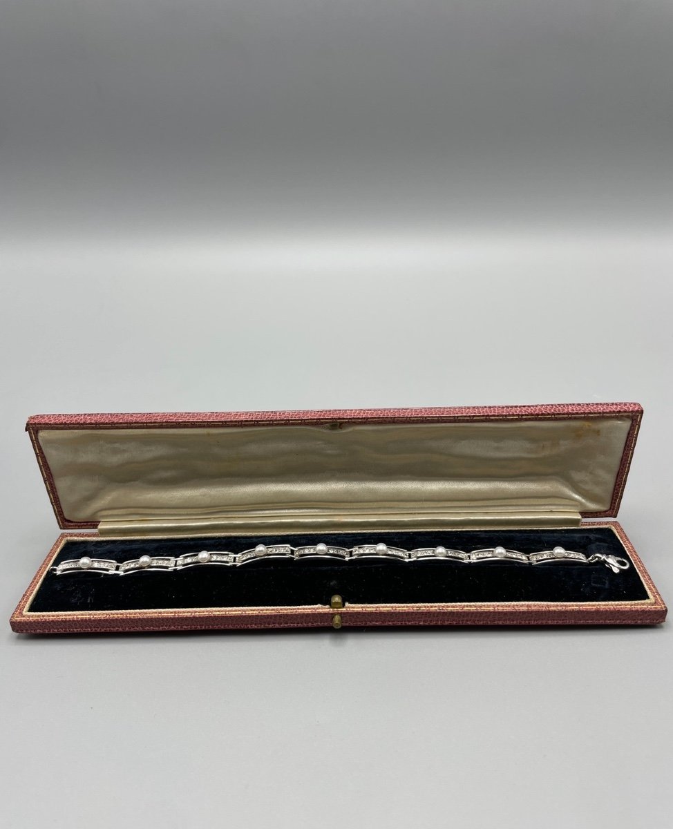 Bracelet Art Déco En Or Blanc Sertie De Perles Et De Diamants-photo-1