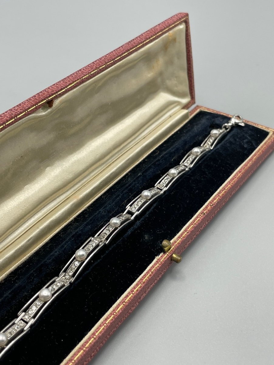 Bracelet Art Déco En Or Blanc Sertie De Perles Et De Diamants-photo-2
