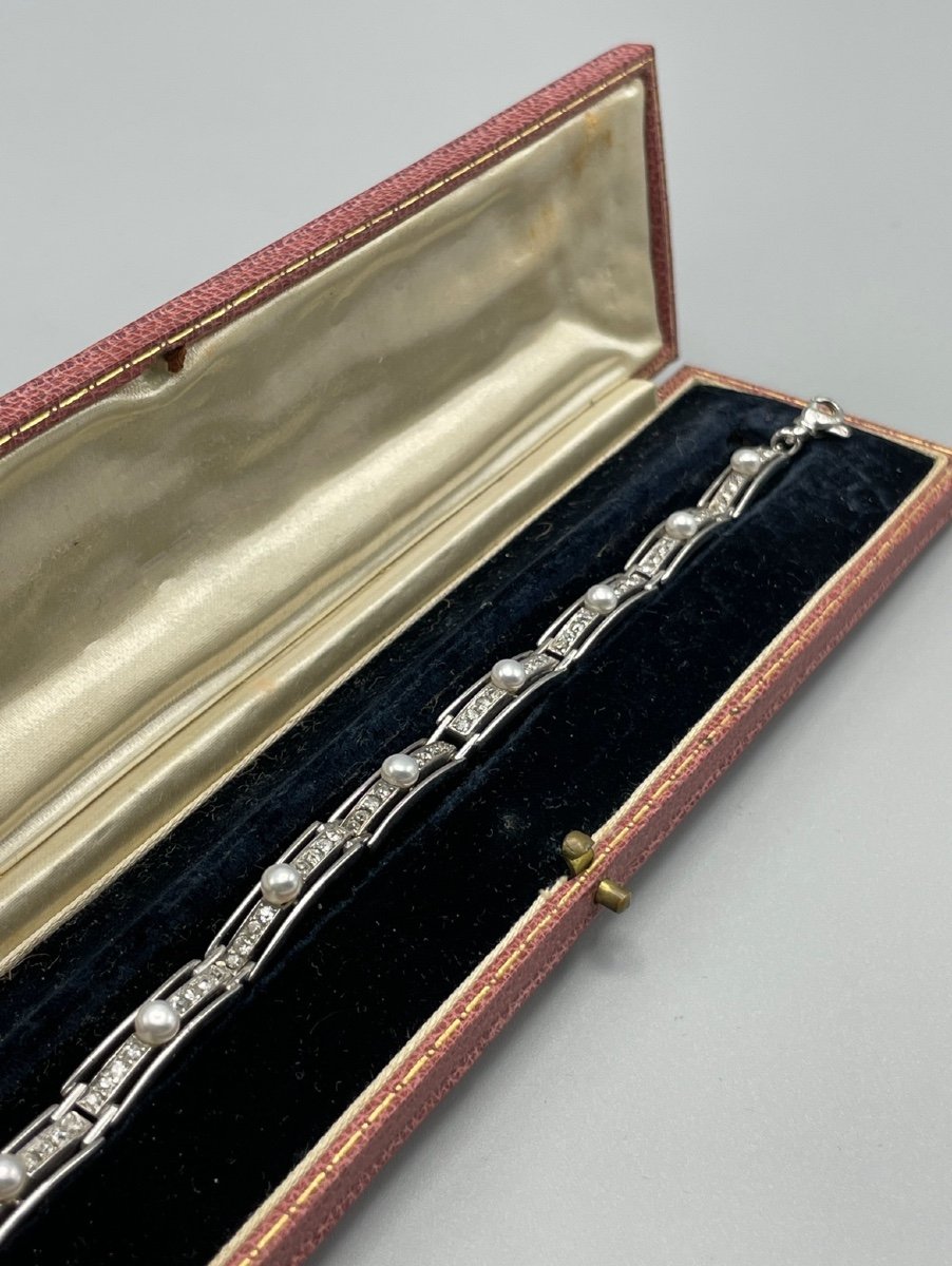 Art Deco Bracelet In White Gold Set With Pearls And Diamonds-photo-2