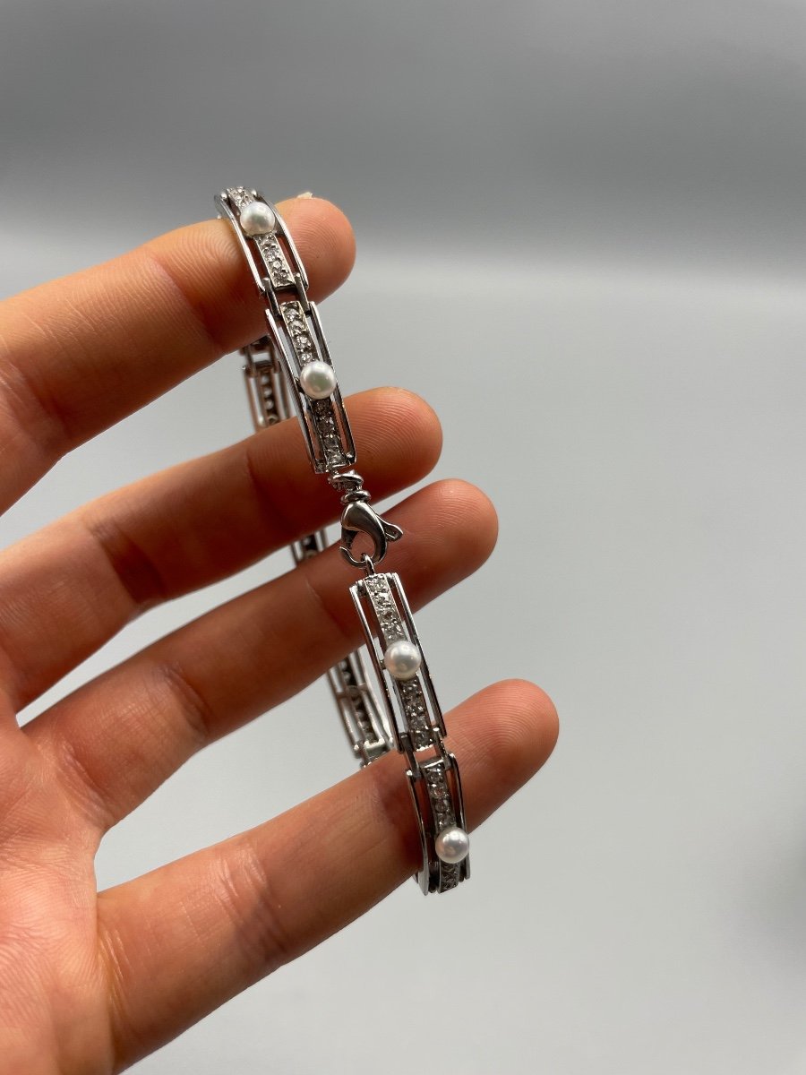Art Deco Bracelet In White Gold Set With Pearls And Diamonds-photo-4