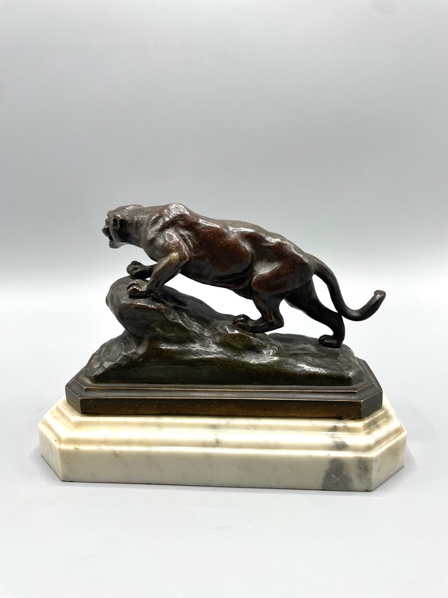 Bronze Sculpture Panther On The Lookout By Antoine Louis Barye-photo-2