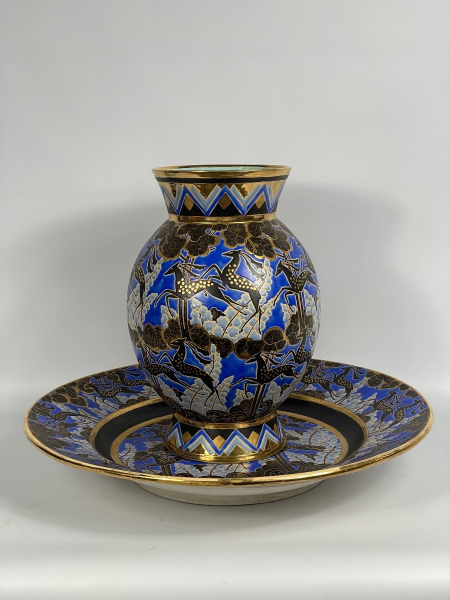 Vase And Its “antelope” Dish, Earthenware By Raymond Chevalier For Boch Frères -photo-4