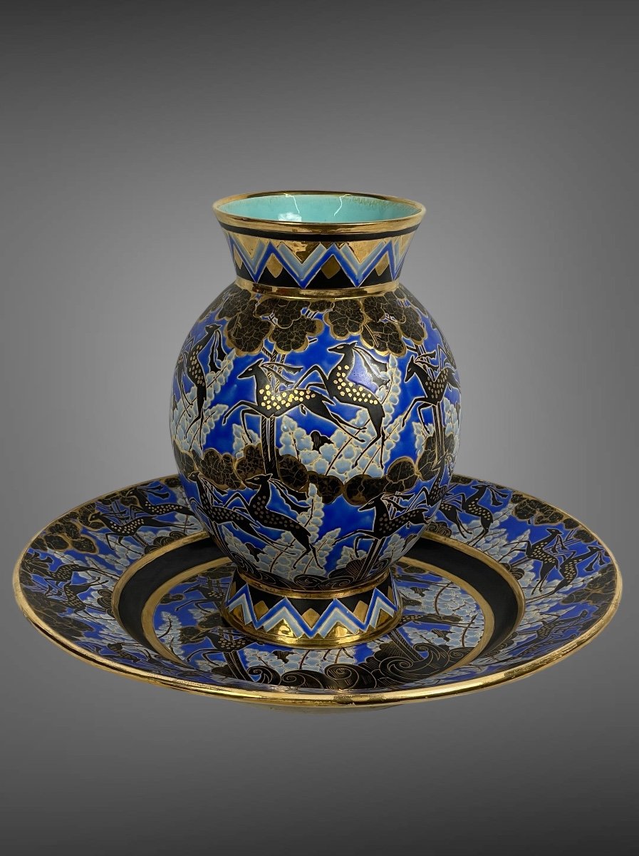 Vase And Its “antelope” Dish, Earthenware By Raymond Chevalier For Boch Frères -photo-1