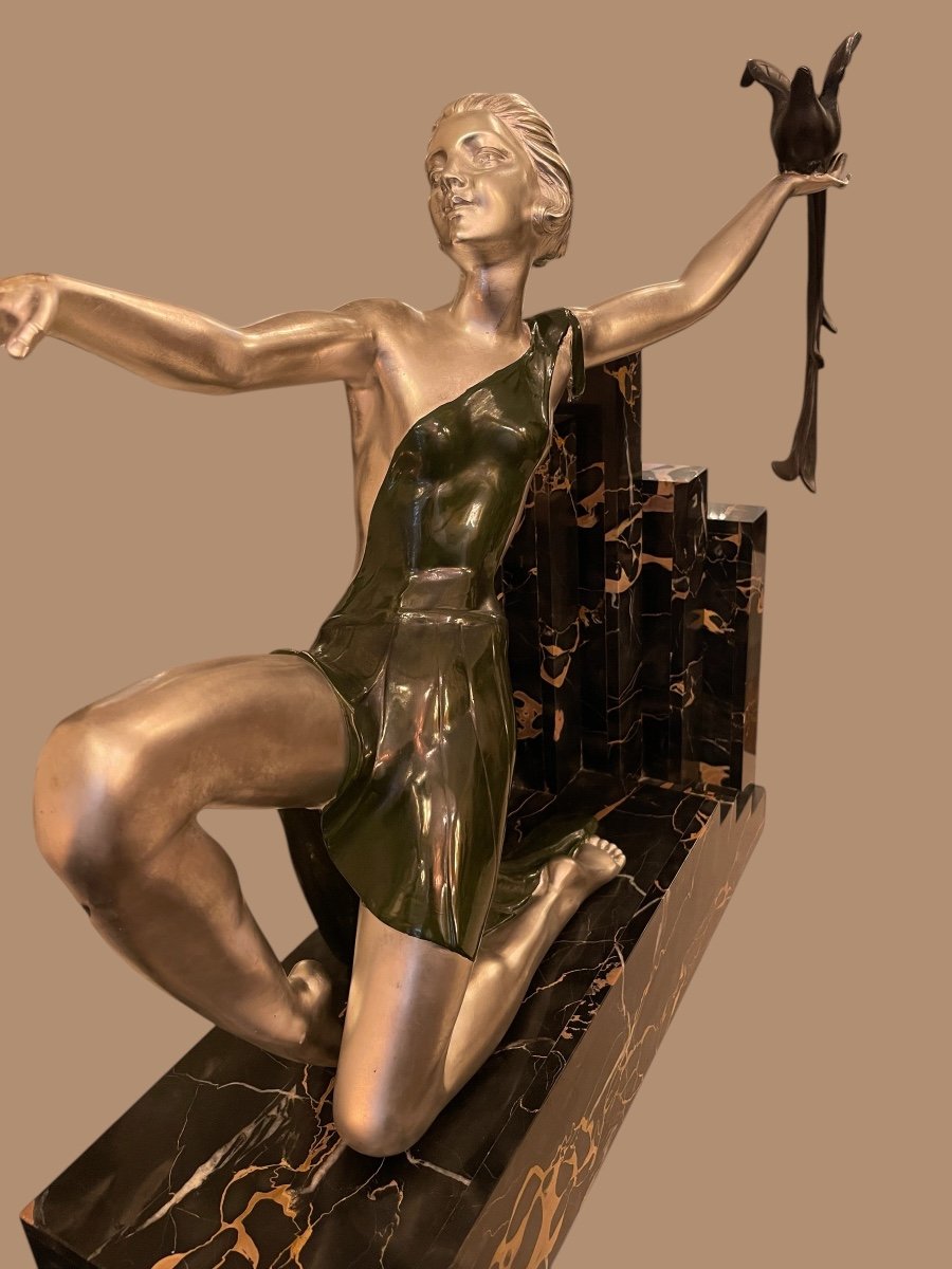 Oiseaux Du Paradis, Bronze Art Déco, Marbre Portor, Signé G. Daverny-photo-2