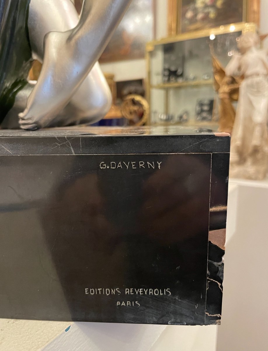 Oiseaux Du Paradis, Bronze Art Déco, Marbre Portor, Signé G. Daverny-photo-4