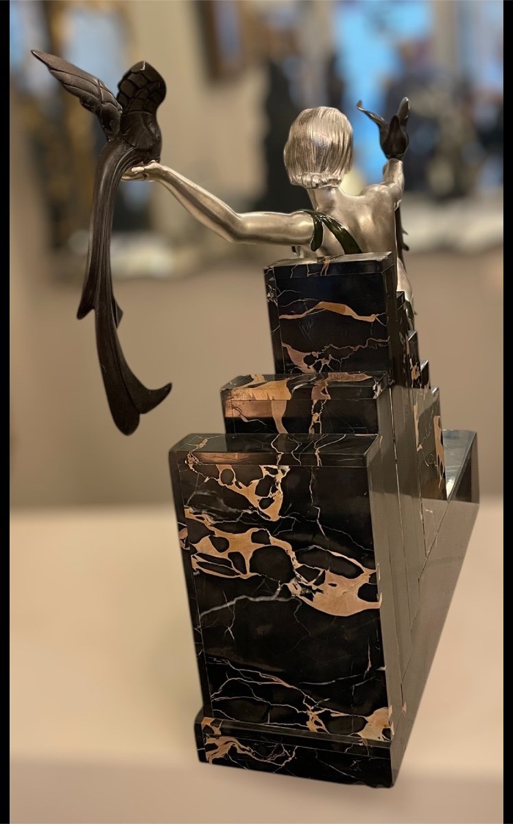 Oiseaux Du Paradis, Bronze Art Déco, Marbre Portor, Signé G. Daverny-photo-1
