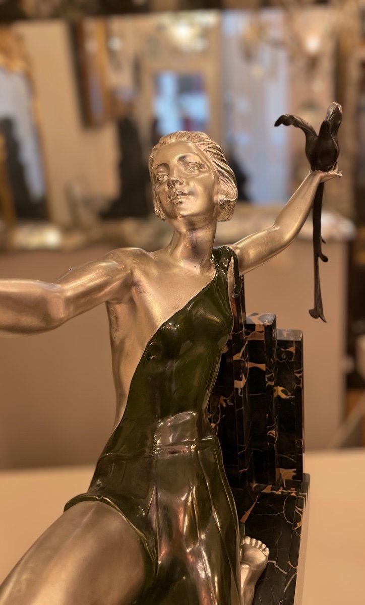 Oiseaux Du Paradis, Bronze Art Déco, Marbre Portor, Signé G. Daverny-photo-2