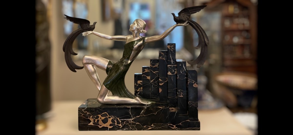 Oiseaux Du Paradis, Bronze Art Déco, Marbre Portor, Signé G. Daverny-photo-3