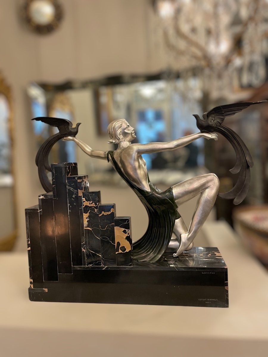 Oiseaux Du Paradis, Bronze Art Déco, Marbre Portor, Signé G. Daverny-photo-4