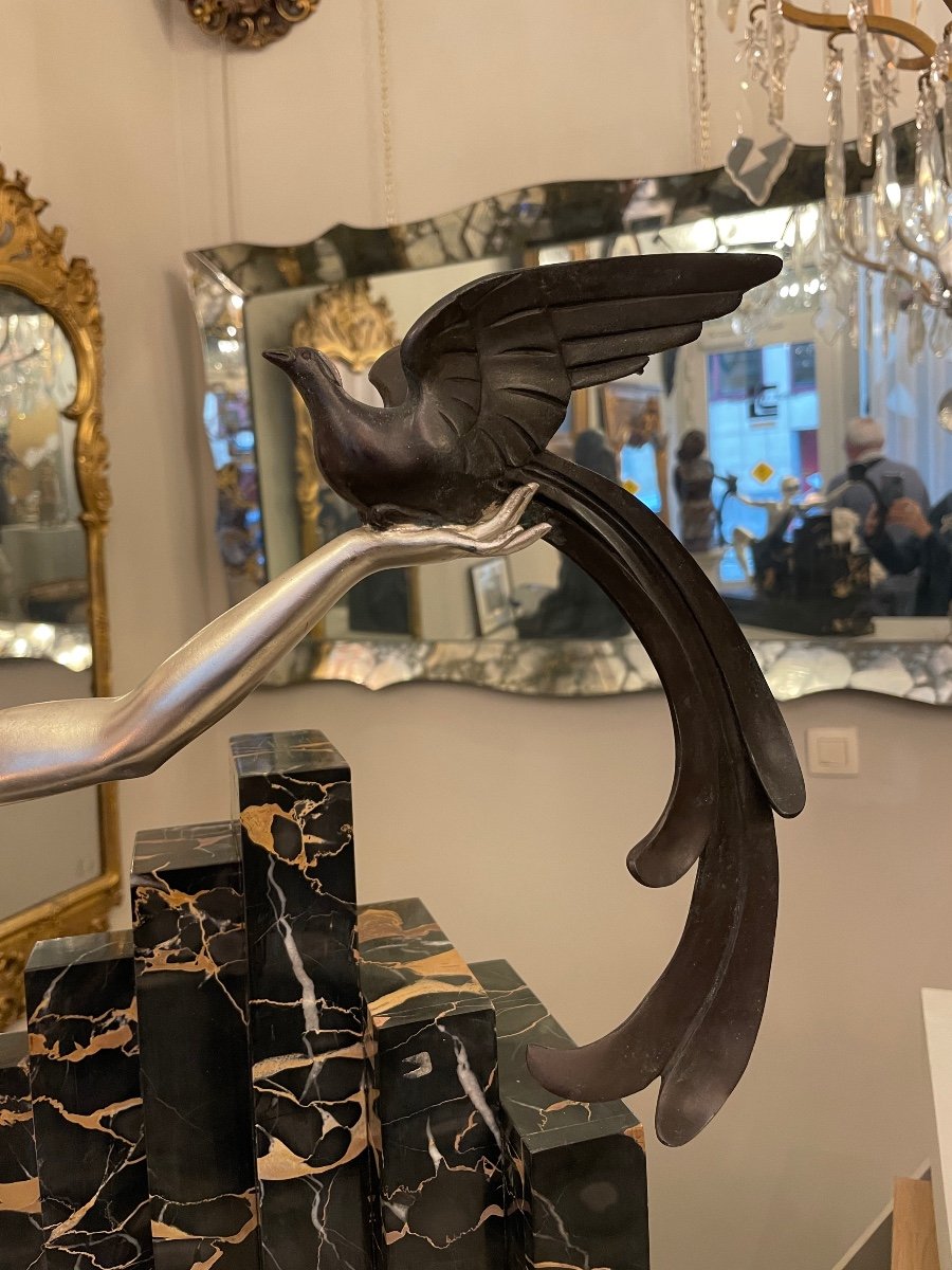 Oiseaux Du Paradis, Bronze Art Déco, Marbre Portor, Signé G. Daverny-photo-5