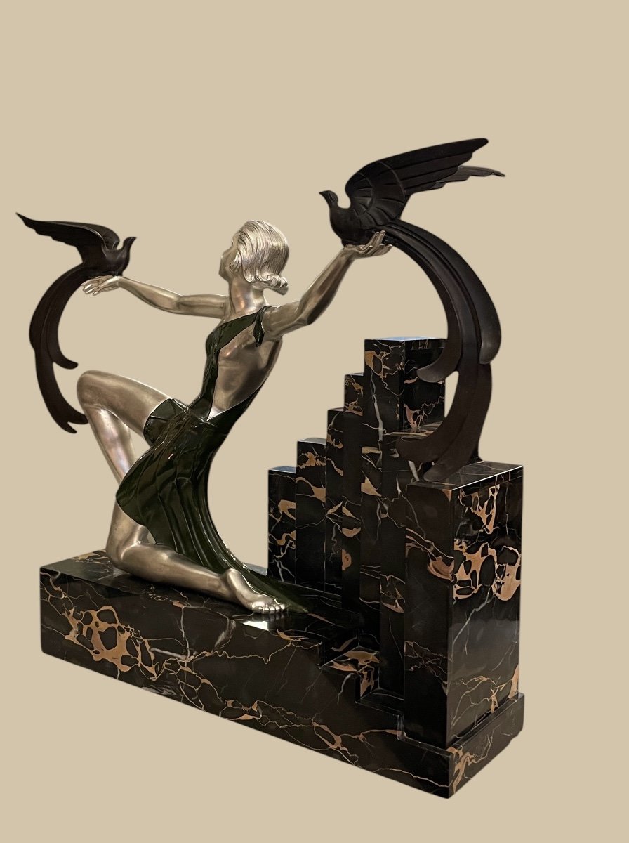 Oiseaux Du Paradis, Bronze Art Déco, Marbre Portor, Signé G. Daverny-photo-7