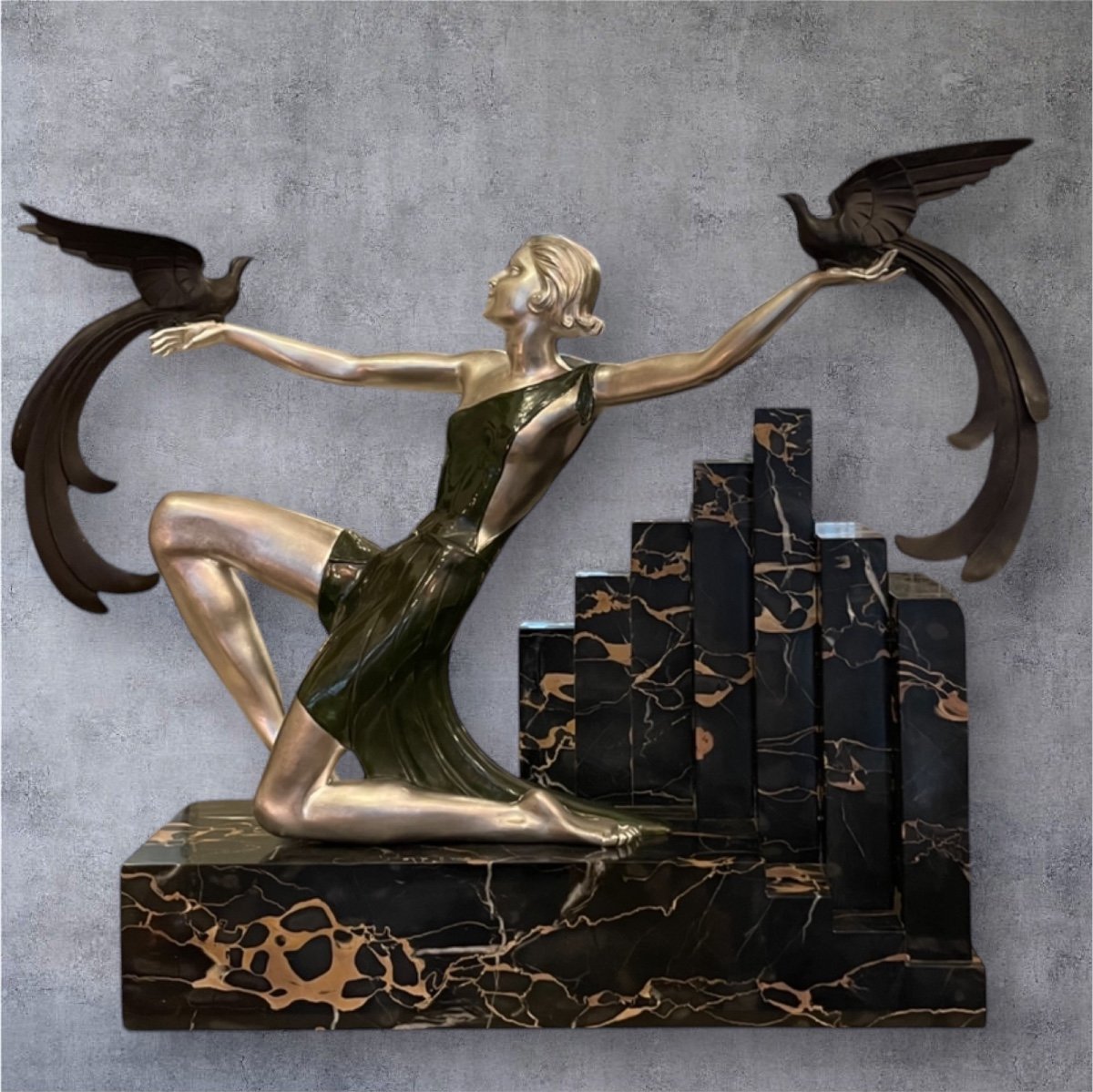 Oiseaux Du Paradis, Bronze Art Déco, Marbre Portor, Signé G. Daverny