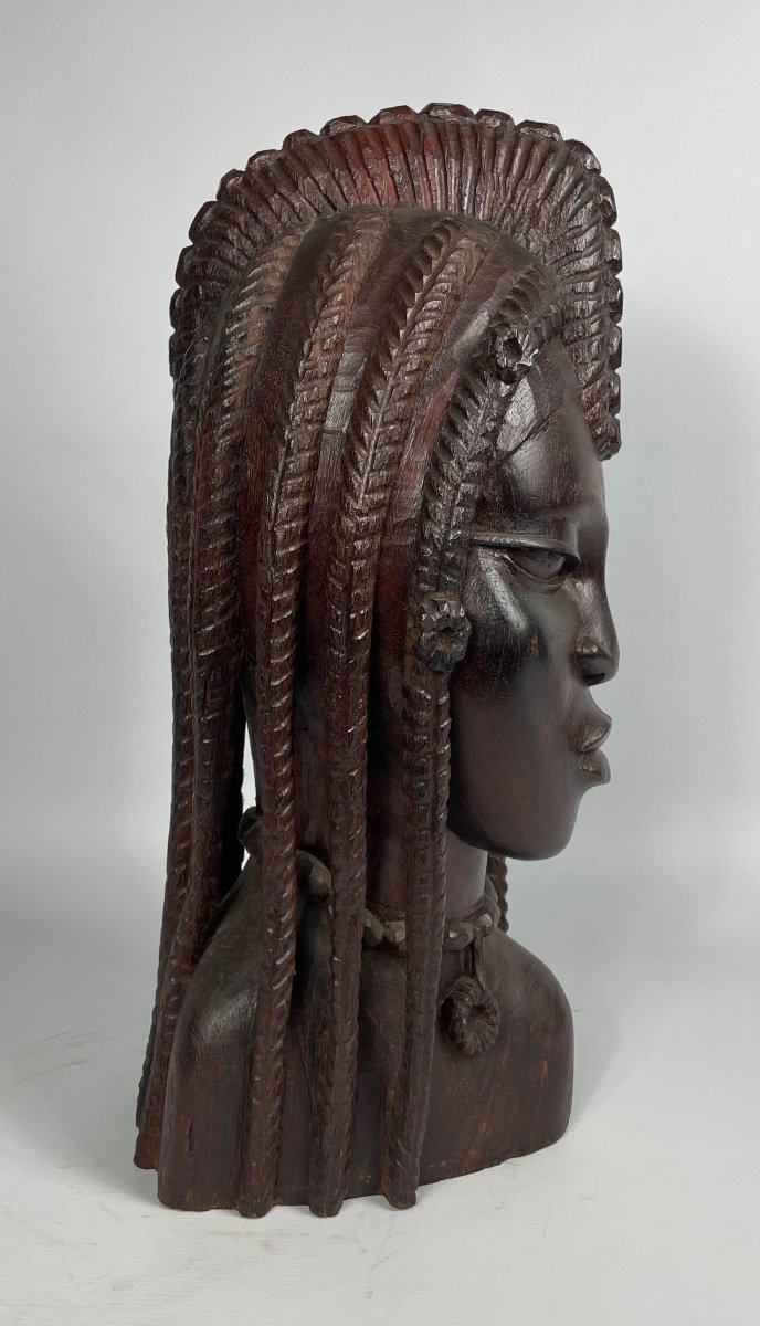 Jeune Africaine Sculpture En Bois Massif Vers 1960-photo-2