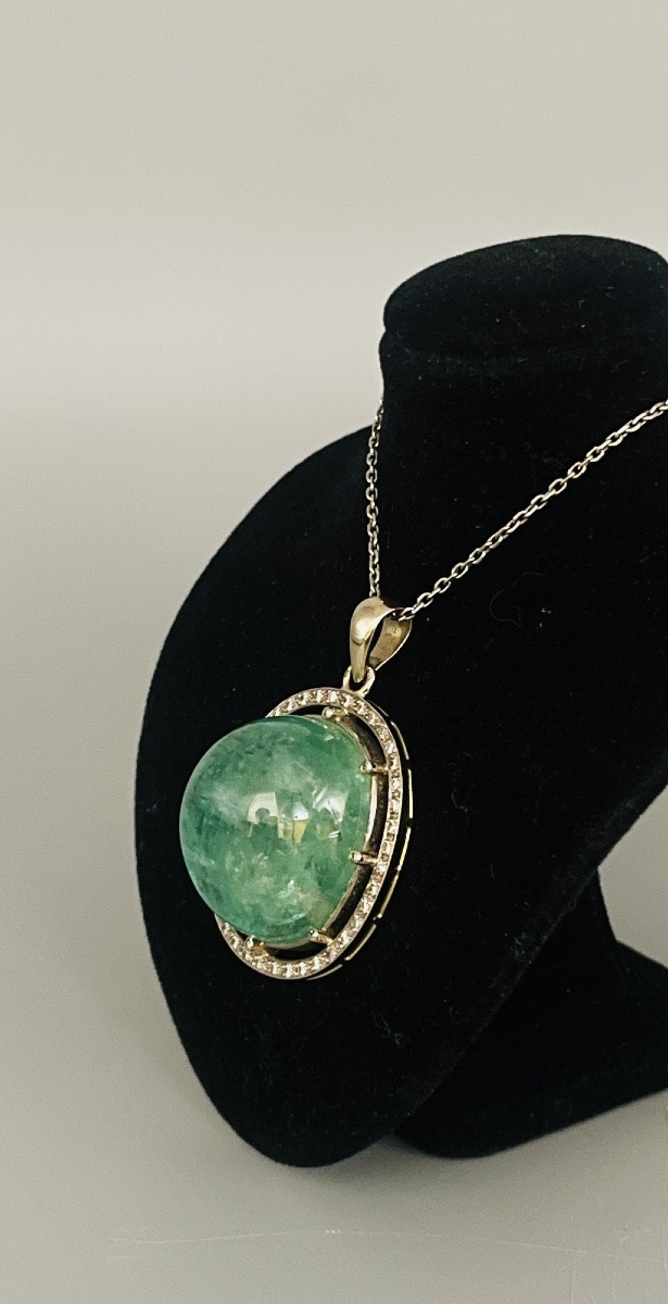 Pendentif Serti D’une émeraude En Cabochon Et Diamants -photo-3