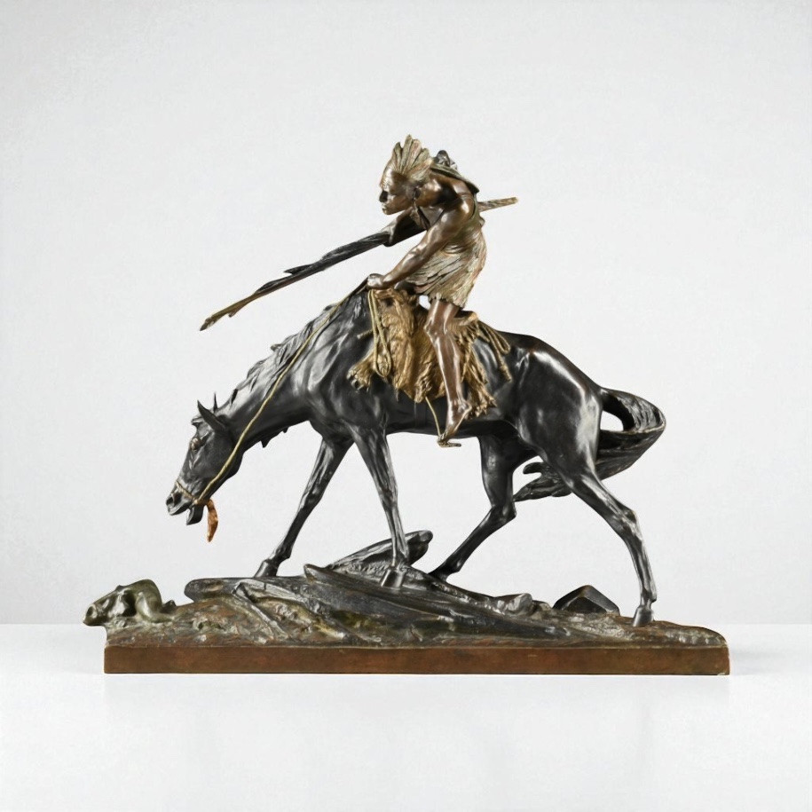 Sculpture en bronze E.Drouot Indien à cheval-photo-2