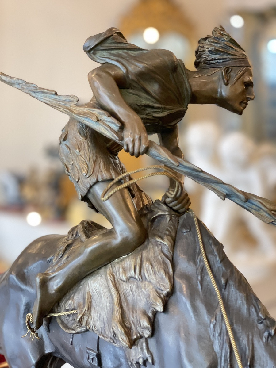 Sculpture en bronze E.Drouot Indien à cheval-photo-4