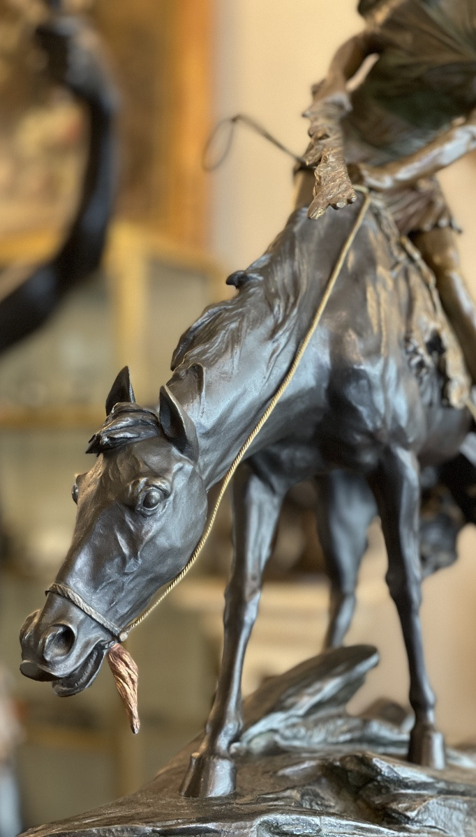 Sculpture en bronze E.Drouot Indien à cheval-photo-5