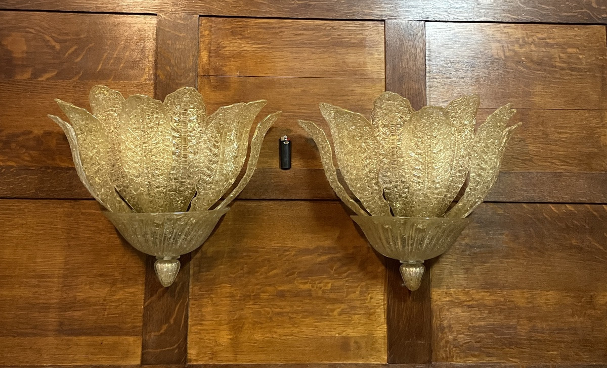 Série de 10 appliques en verre de Murano 55x43cm, incrustation de paille d’or-photo-3