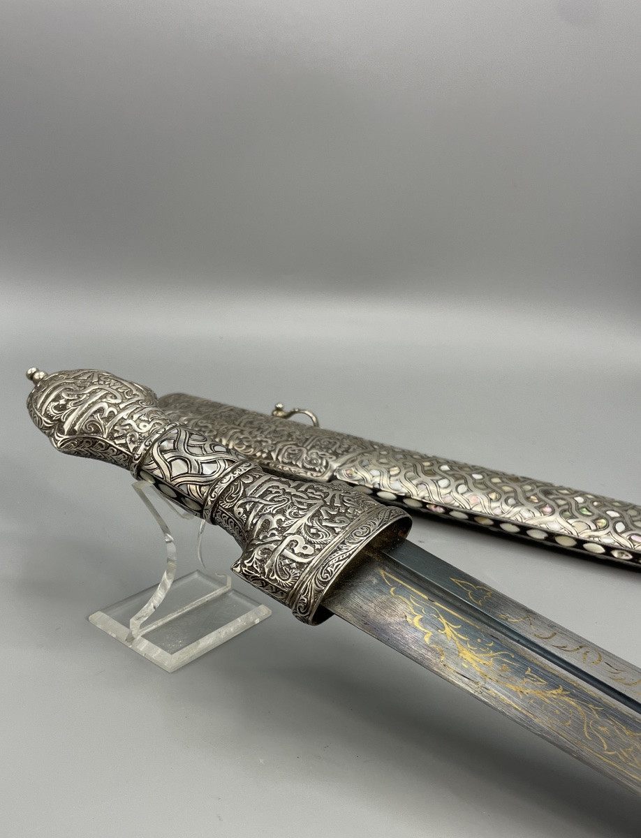 Oriental Ceremonial Dagger In Silver And Mother-of-pearl-photo-5