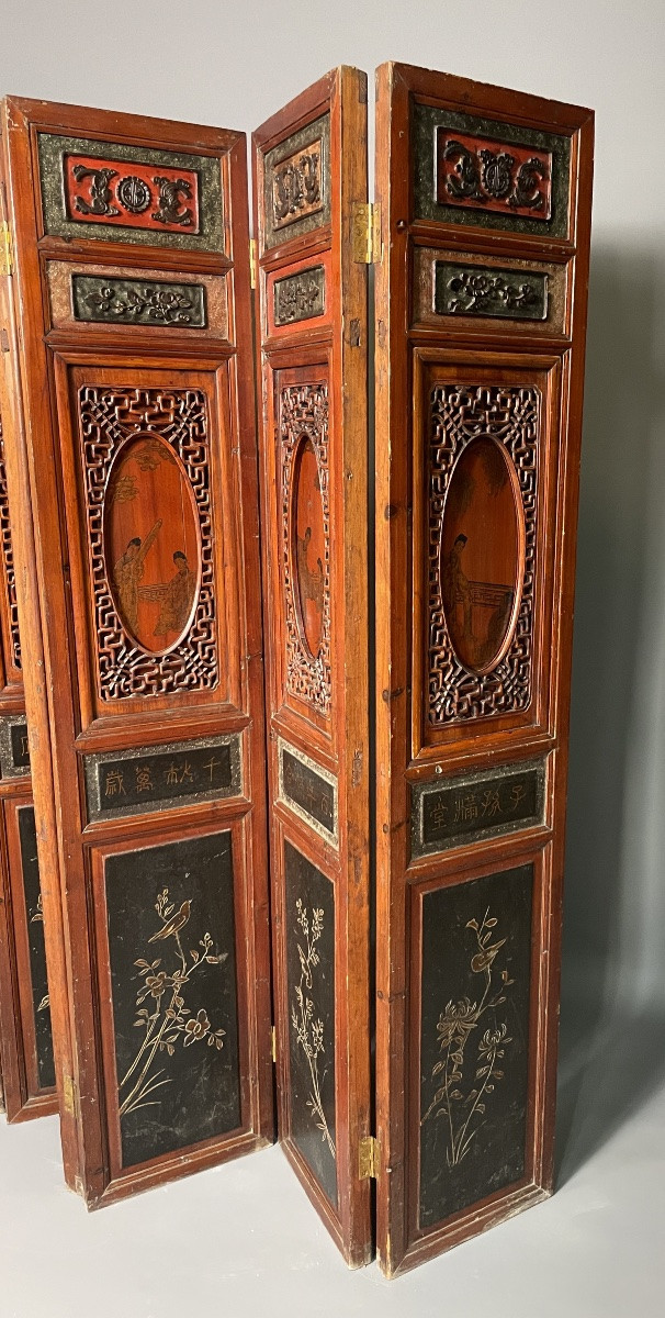 Chinese Six-panel Screen – Carved Wood And Lacquered Panels – Late 19th Century-photo-3