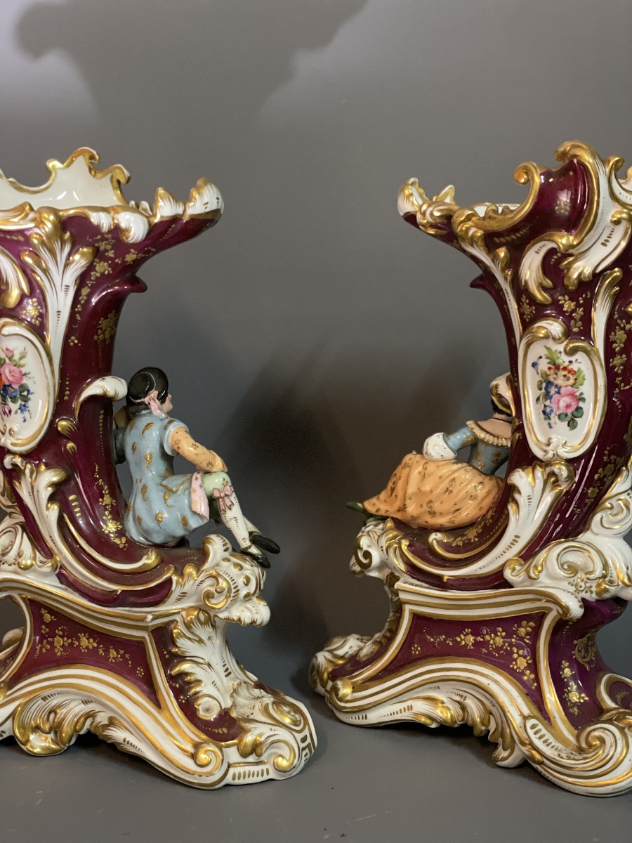 Pair Of Polychrome Porcelain Vases, Old Paris, 19th Century-photo-2