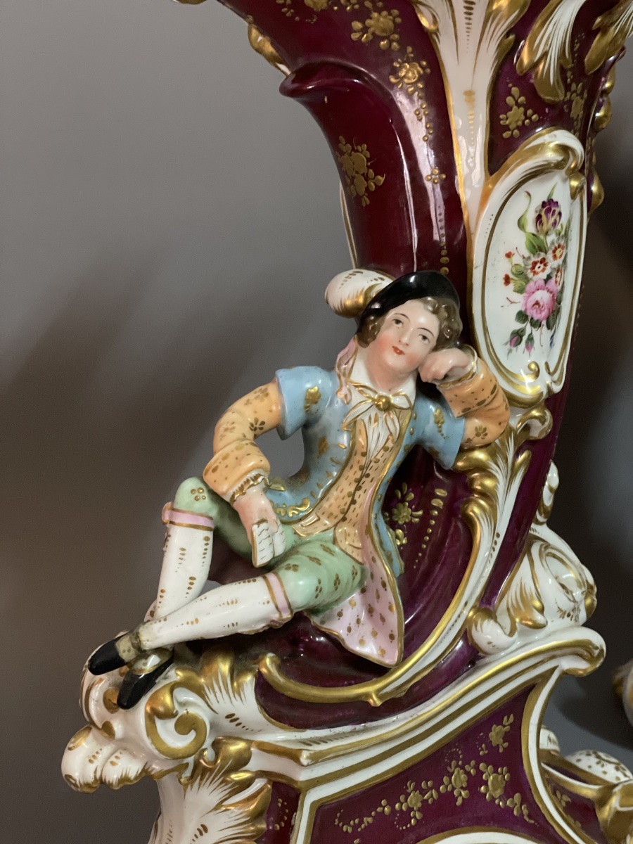 Pair Of Polychrome Porcelain Vases, Old Paris, 19th Century-photo-4