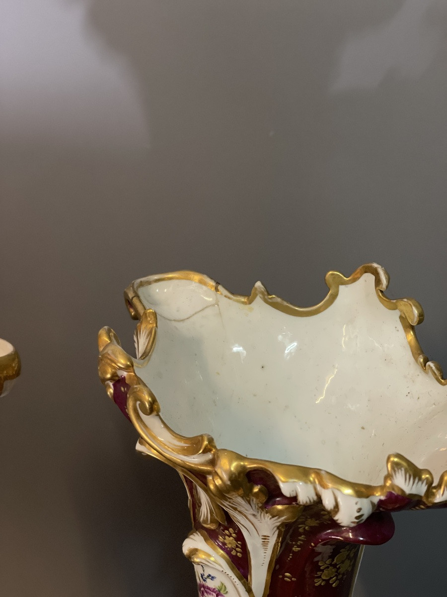 Pair Of Polychrome Porcelain Vases, Old Paris, 19th Century-photo-5