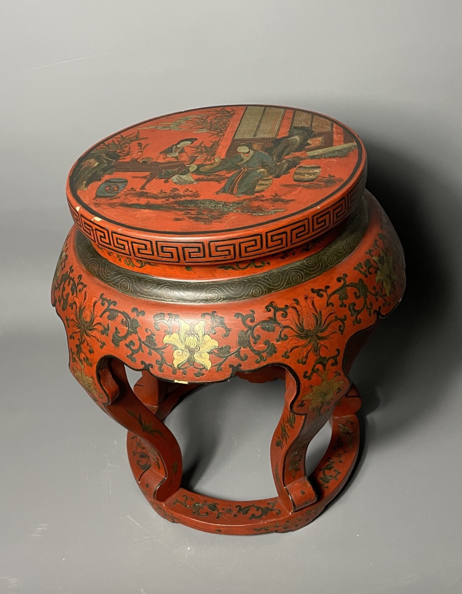 19th Century Lacquered Stool, Chinese Style, Hand-painted Decoration-photo-4