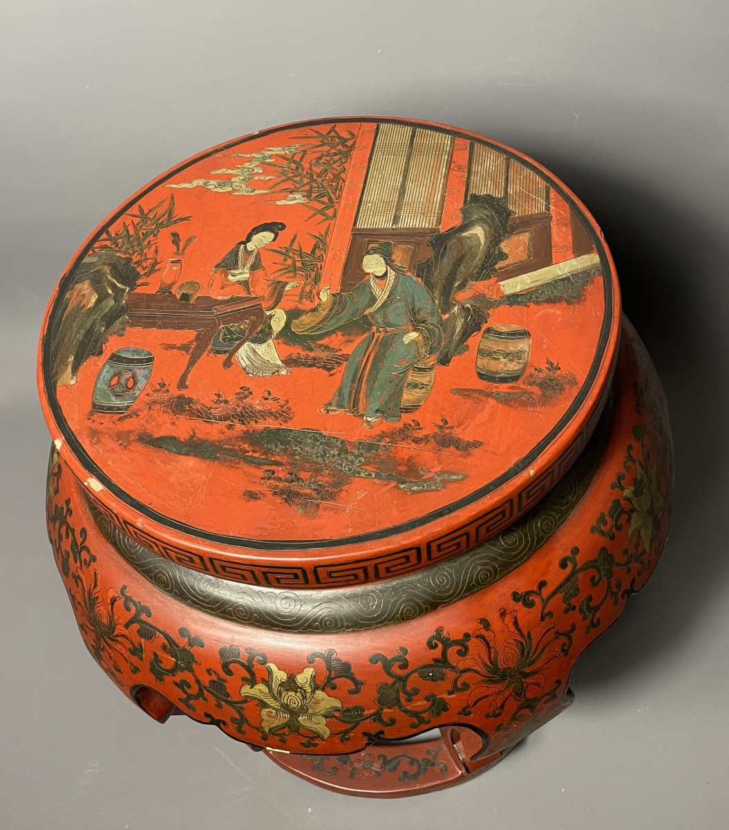 19th Century Lacquered Stool, Chinese Style, Hand-painted Decoration-photo-1