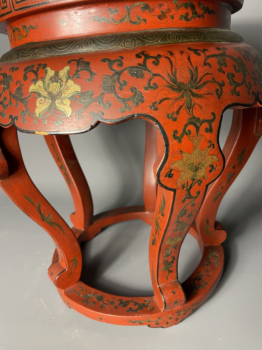 19th Century Lacquered Stool, Chinese Style, Hand-painted Decoration-photo-2