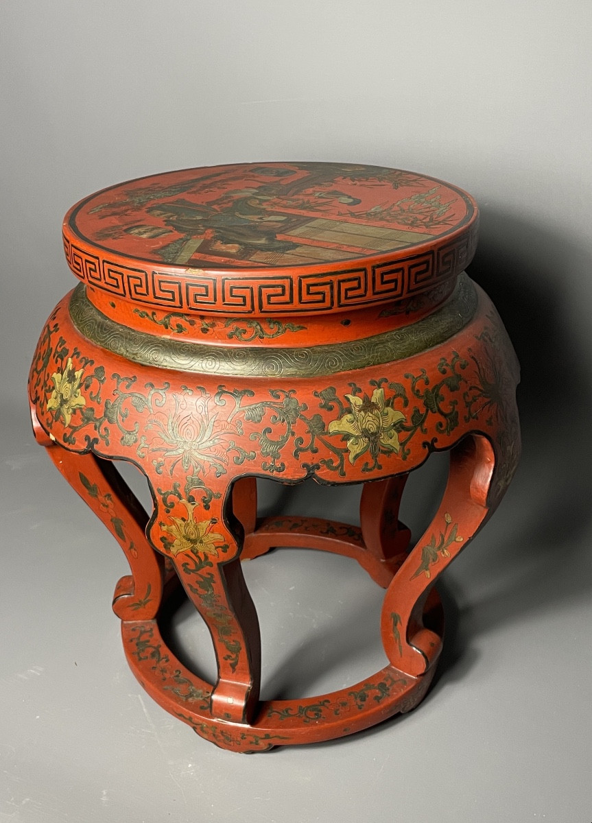 19th Century Lacquered Stool, Chinese Style, Hand-painted Decoration