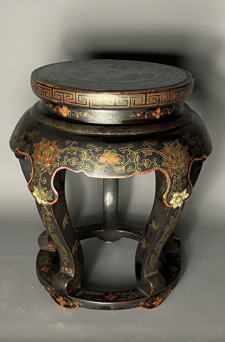 Chinese Lacquered Stool, Cloisonné Shelf, 19th Century.-photo-2